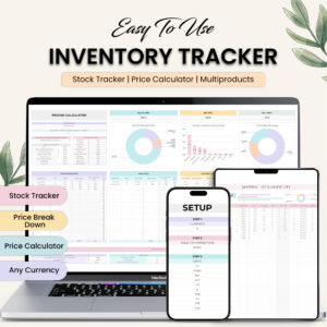 A laptop, tablet, and phone displaying an Inventory Tracker template with various sections for stock tracking, price calculation, and material list management.