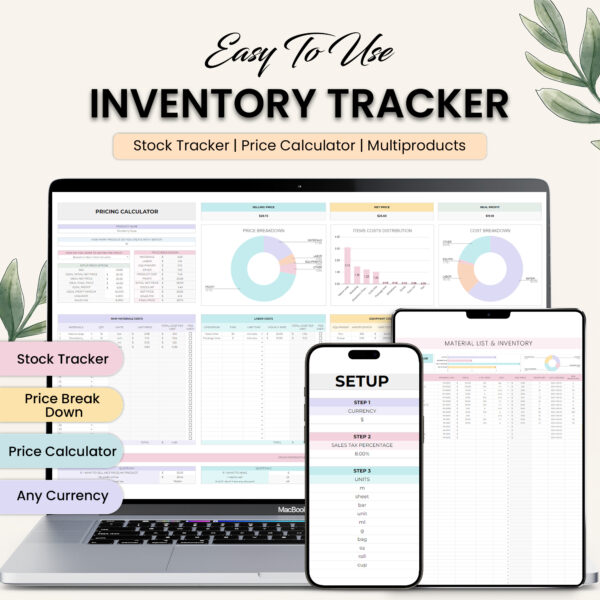 A laptop, tablet, and phone displaying an Inventory Tracker template with various sections for stock tracking, price calculation, and material list management.