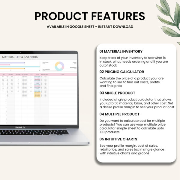 A visual overview of the key features of the Inventory Tracker, including material inventory tracking, pricing calculation, and intuitive charts and graphs.