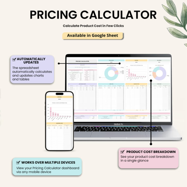 A visual representation of the Pricing Calculator, highlighting features like automatic updates, cost breakdown, and multiple product support.