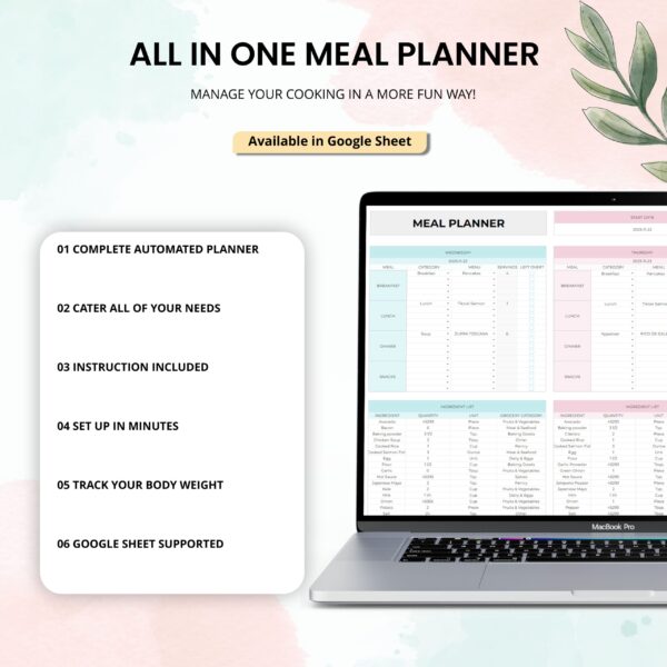 A laptop displaying an All-in-One Meal Planner template with features like meal planning, recipe cards, shopping lists, and calorie tracking.