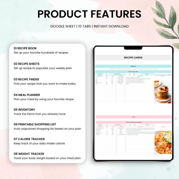 A visual overview of the key features of the Meal Planner, including recipe management, meal planning, shopping list generation, and calorie tracking.