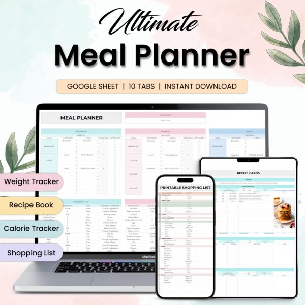 A laptop, tablet, and phone displaying a Meal Planner template with various sections for meal planning, recipe cards, shopping lists, and calorie tracking.